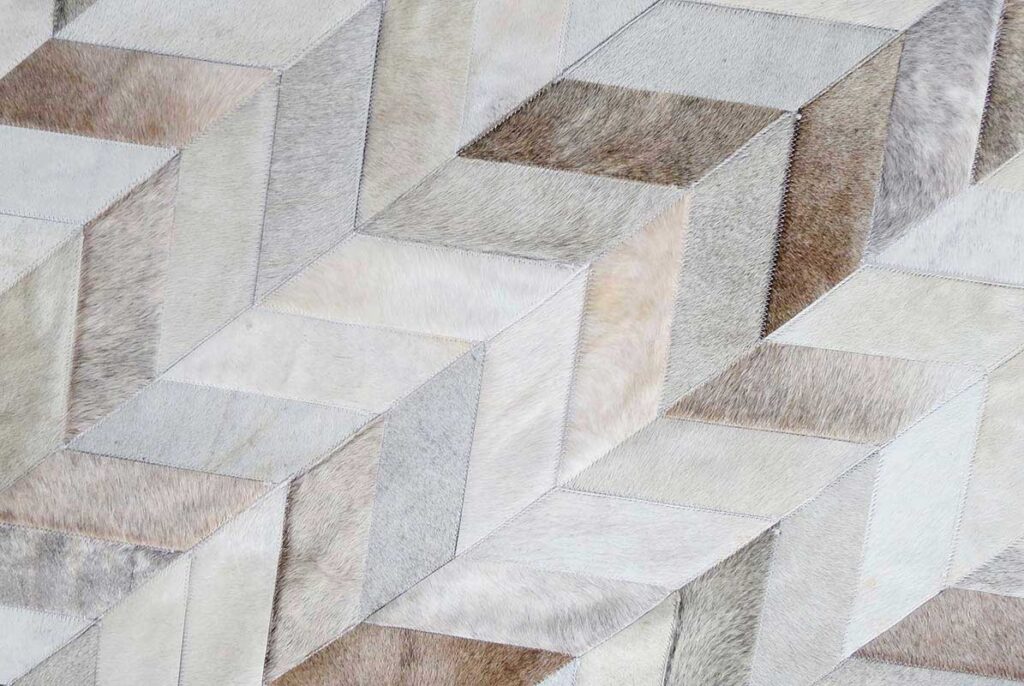 Taupe and White Chevron Patchwork Cowhide Rug top view