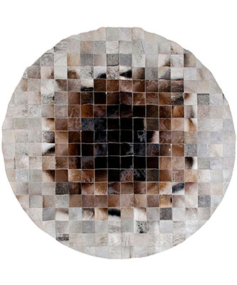 Round Grey and Brown gradient patchwork cowhide rug in 4 inches squares