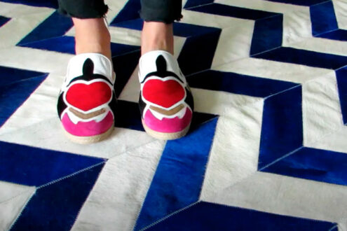 Blue and white Chevron Patchwork Cowhide Rug Video Blue and white Chevron Patchwork Cowhide Rug Video