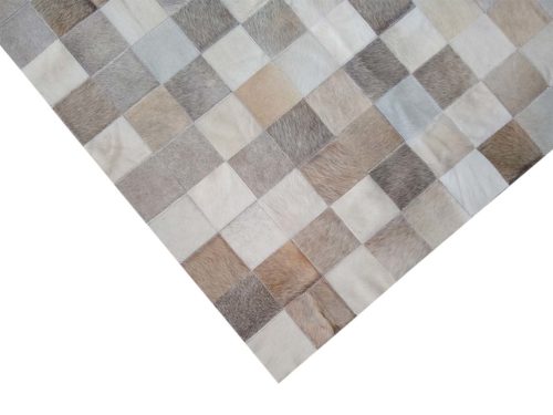 Taupe, Cream, Gray Squares Patchwork Cowhide Rug Top View
