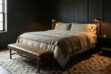 squares taupe patchwork cowhide rug in dark bedroom with warm lighting and leather bench