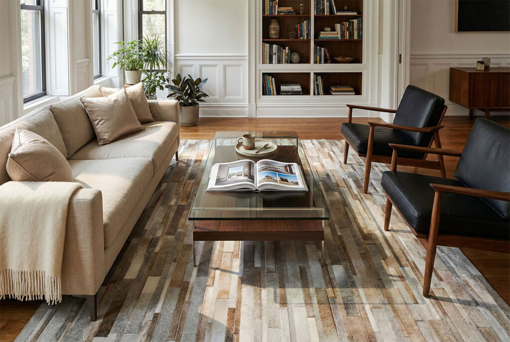 Taupe striped patchwork cowhide rug styled in a sunlit modern living room, anchored under a glass coffee table between a beige sofa and black leather armchairs.