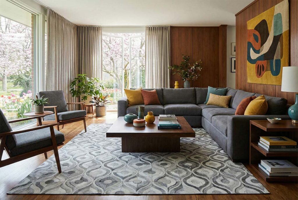 A large gray patchwork cowhide rug with a geometric ogee pattern creates the centerpiece of a 70s-style living room, placed under a charcoal gray sofa and wooden coffee table.