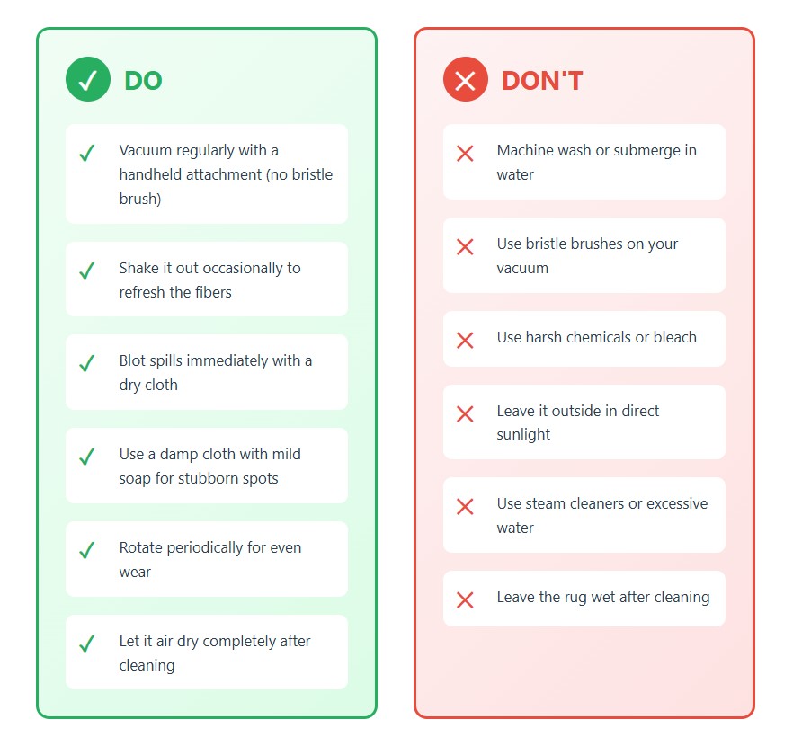 Patchwork cowhide rug care guide showing do's and don'ts - vacuum regularly, blot spills, avoid machine washing and harsh chemicals
