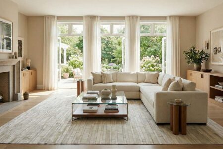 Modern New Hampton Living Room with White Sectional and Striped Cowhide Rug 222 A bright, modern living room featuring a large off-white velvet sectional sofa and a white striped patchwork cowhide rug. Floor-to-ceiling windows with open sheer curtains reveal a lush green garden, filling the neutral-toned room with natural light.