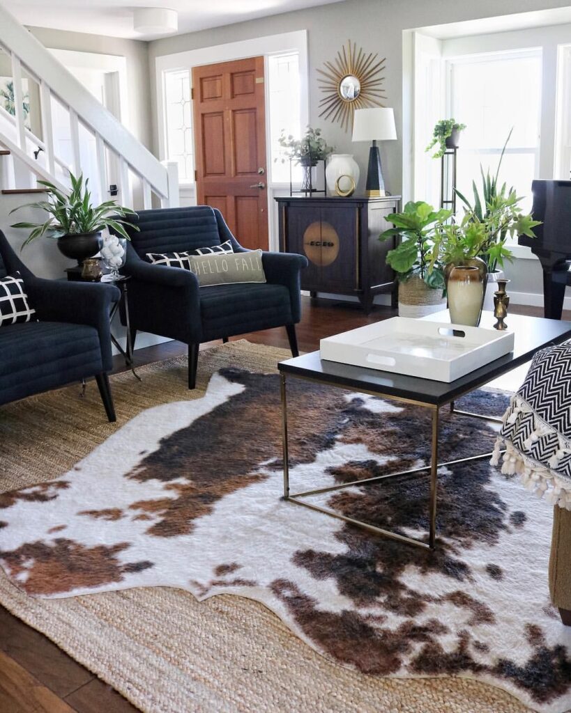 White and Brown Cowhide Rug overlapped with a jute natural rug, with dark armchairs