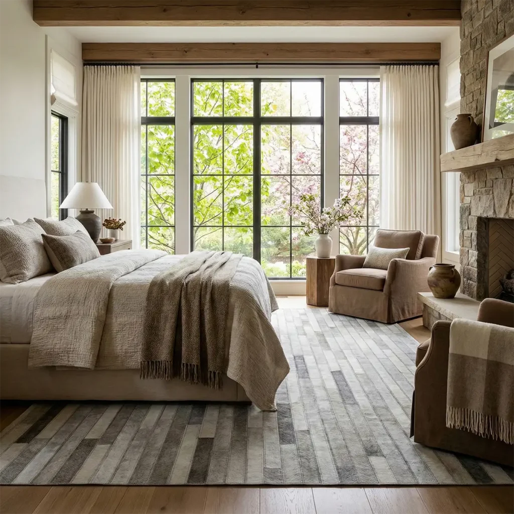 Western style bedroom with gray striped cowhide rug and warm neutral tones