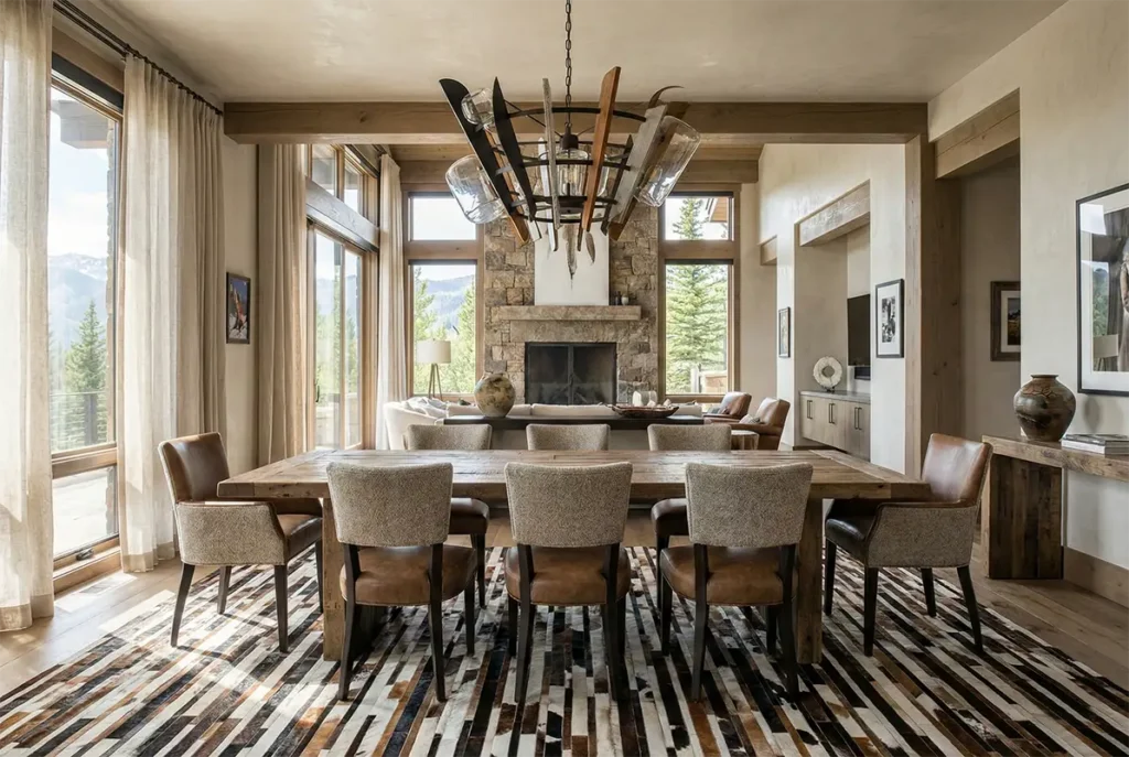 Western dining room with large wooden table and striped patchwork cowhide rug