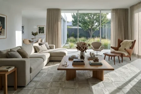 white-cube-cowhide-area-rugin-scandinavian-living-room The White Cube Cowhide Area Rug, featuring a geometric patchwork pattern, styled in a bright modern Scandinavian living room beneath a square oak coffee table, surrounded by a beige sectional sofa, leather mid-century chairs, and large floor-to-ceiling windows.