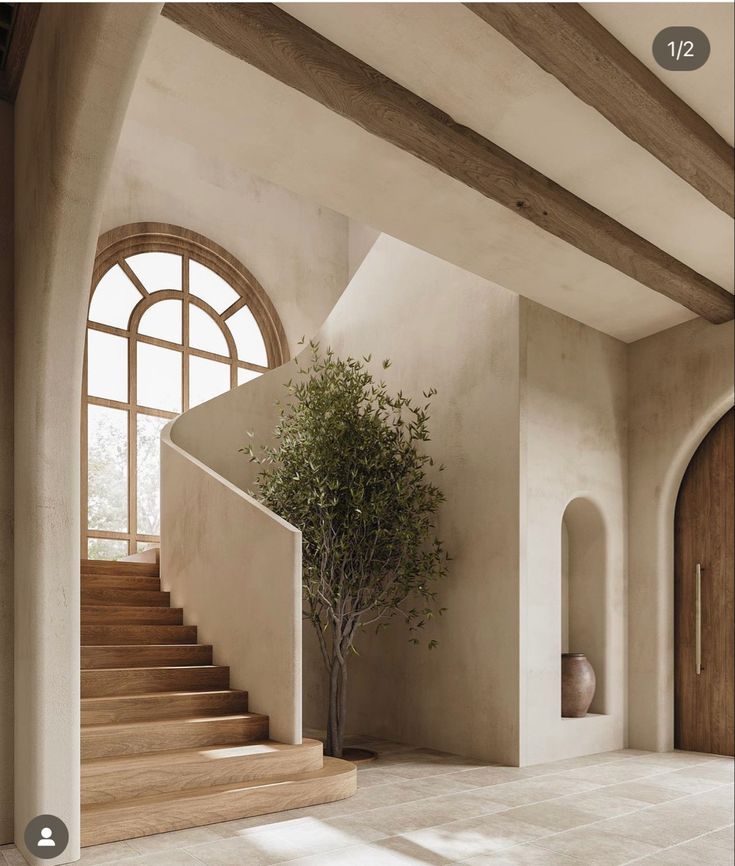 entrance with arched windoes in soft tones