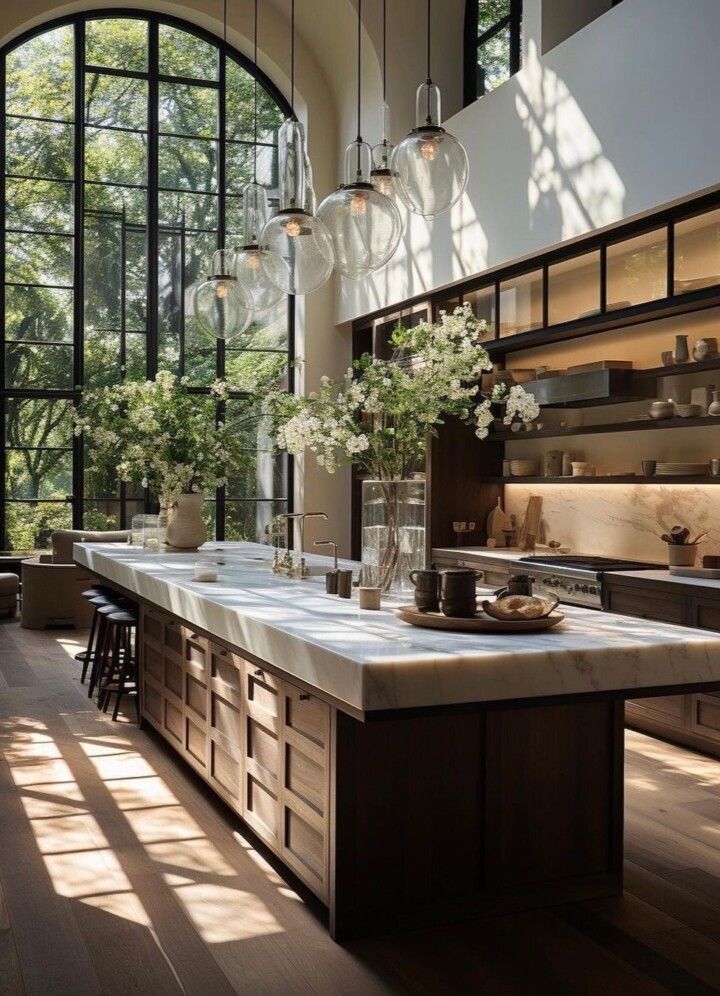 big kitchen with arched windows