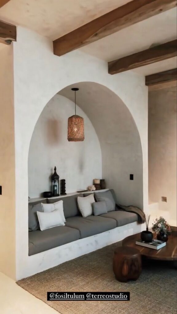 exposed beams ceiling with arched nook for sitting space