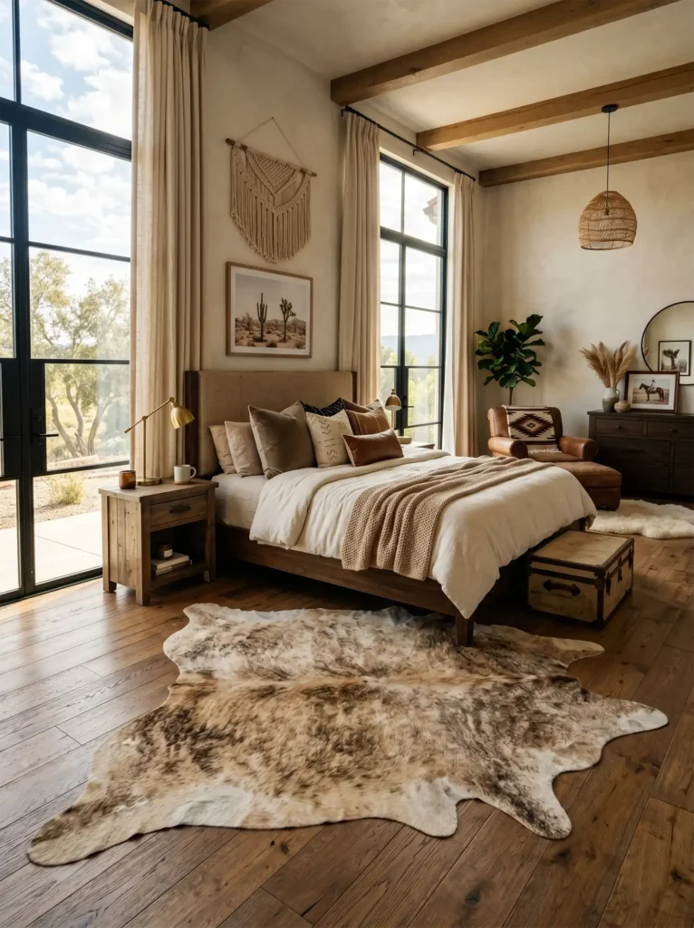 A light beige and brown brindle cowhide rug placed at the foot of a bed in a boho-western style bedroom with large windows, wood floors, and macrame decor.