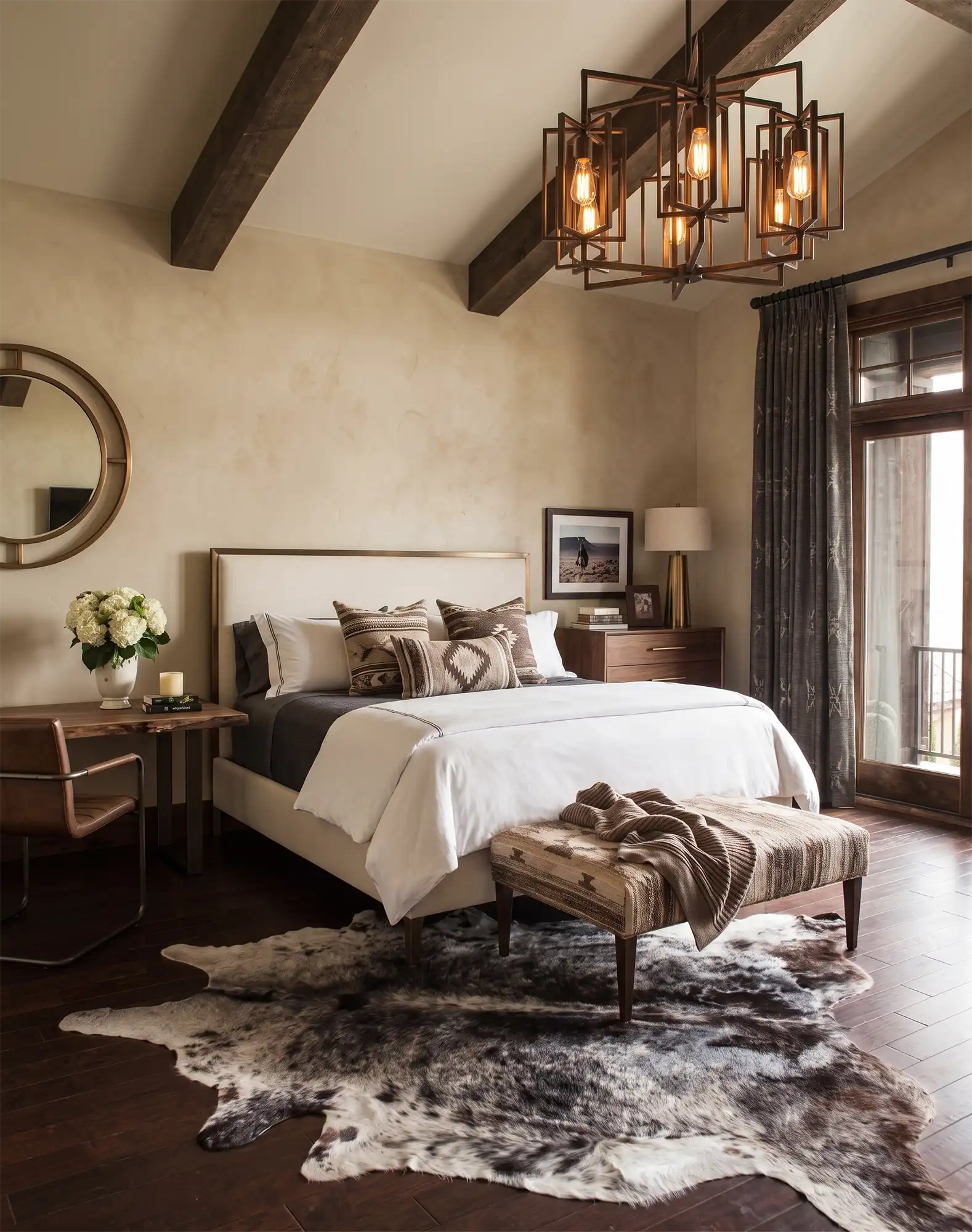 A dark speckled cowhide rug laid over dark hardwood flooring at the foot of an elegant bed in a luxurious ranch-style bedroom with a geometric chandelier.