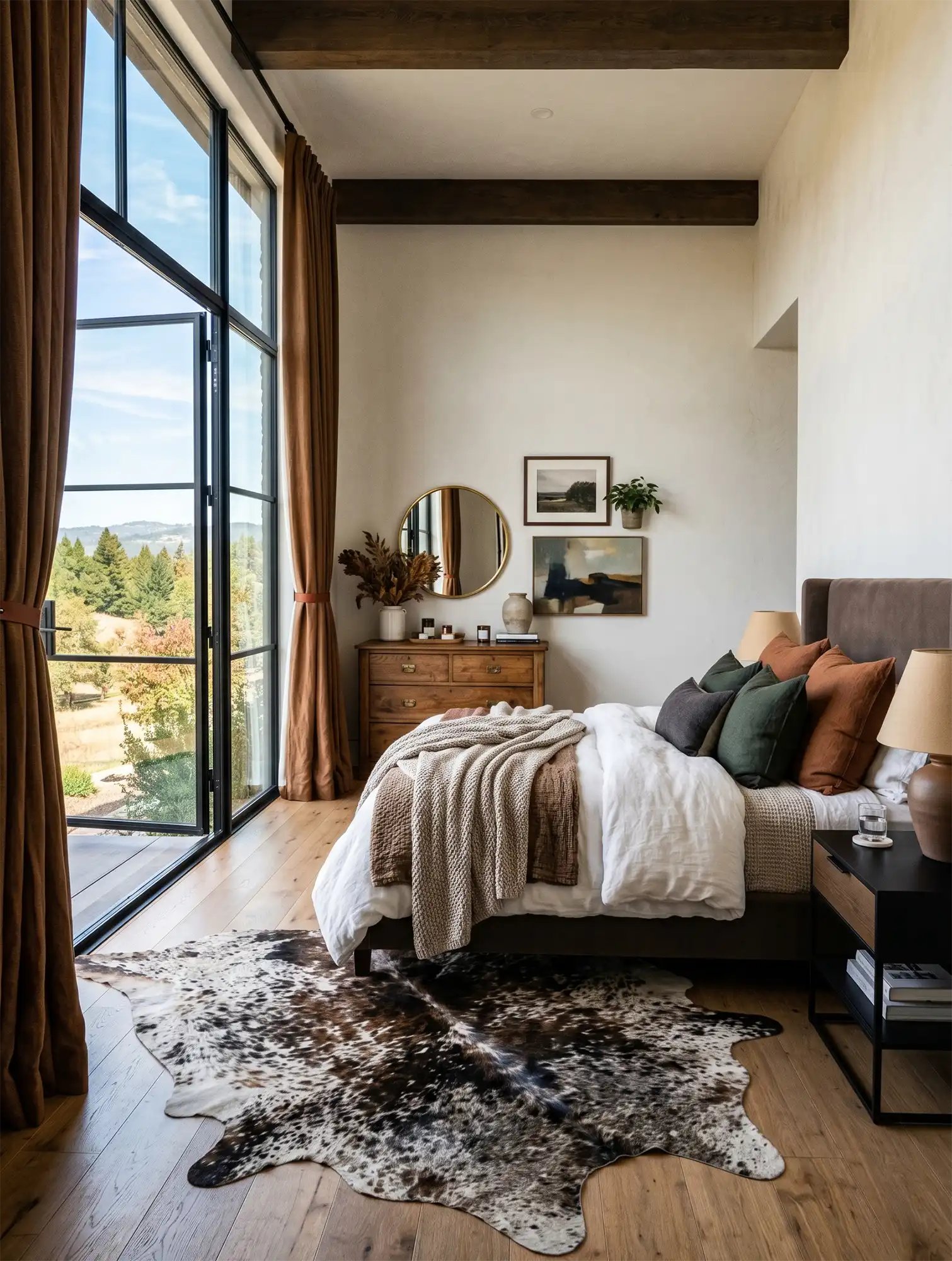 A salt and pepper dark brown and white cowhide rug placed next to a bed with earthy green and terracotta pillows, alongside large floor-to-ceiling windows overlooking a landscape.