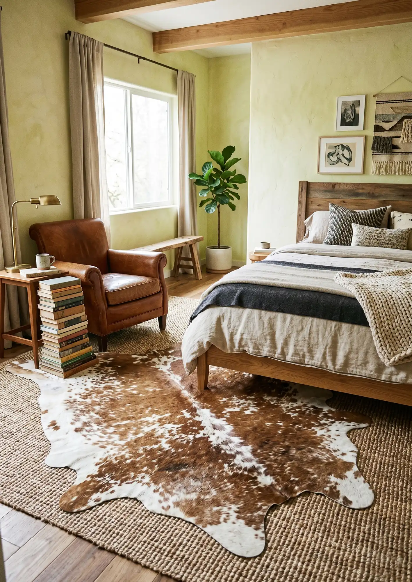 A brown and white spotted cowhide rug placed asymmetrically over a natural jute area rug under a wooden bed in a cozy bedroom with a leather armchair.