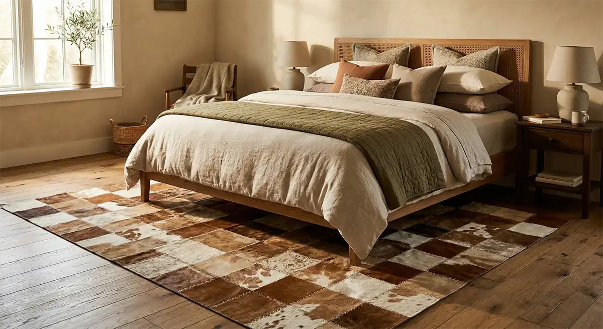 a beautifully made bed with a patchwork cowhide rug extending from beneath it, warm morning light, earthy tones.