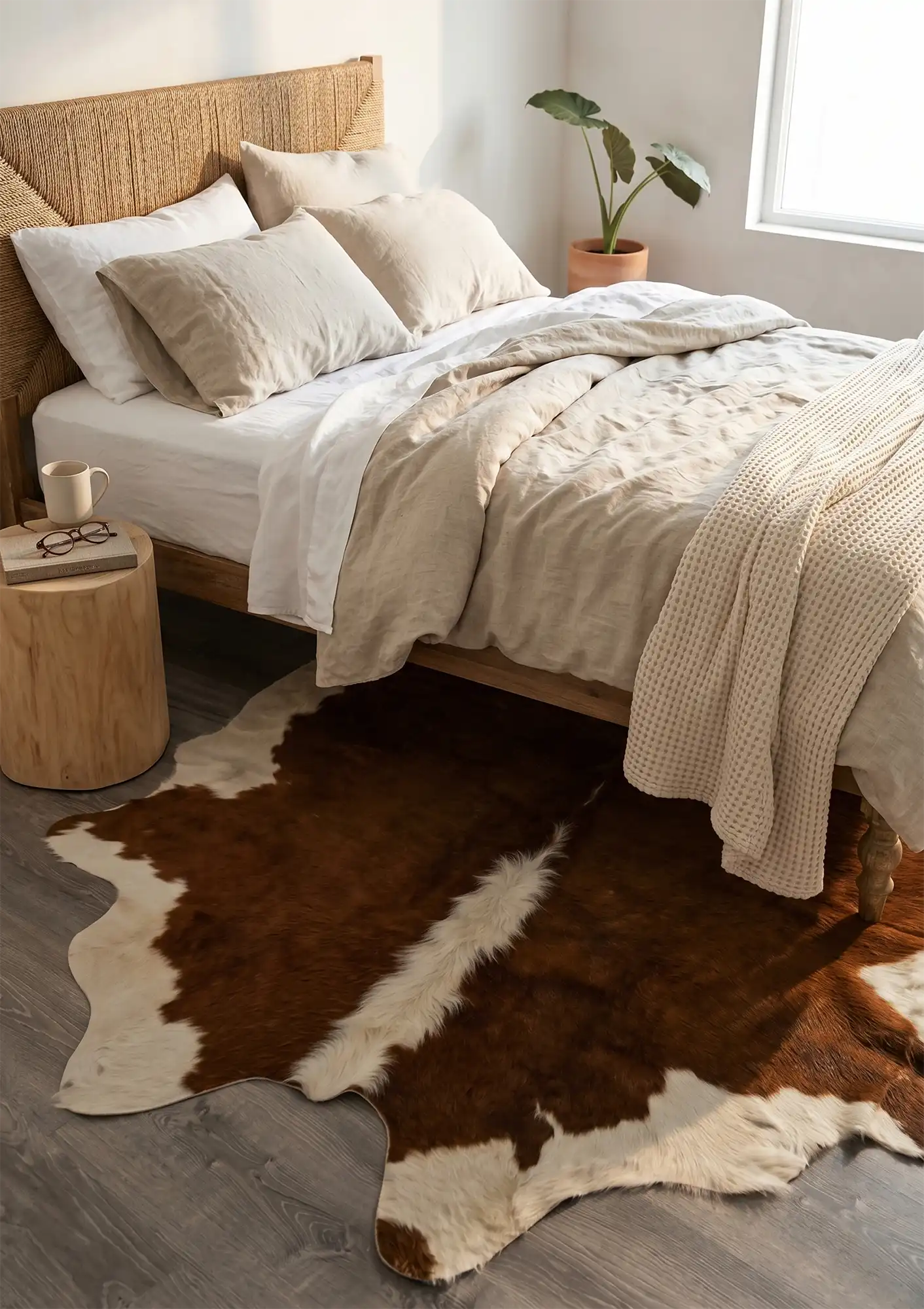 A rich brown and white cowhide rug partially tucked under a light oak bed with a woven headboard and casual, light-colored linens.
