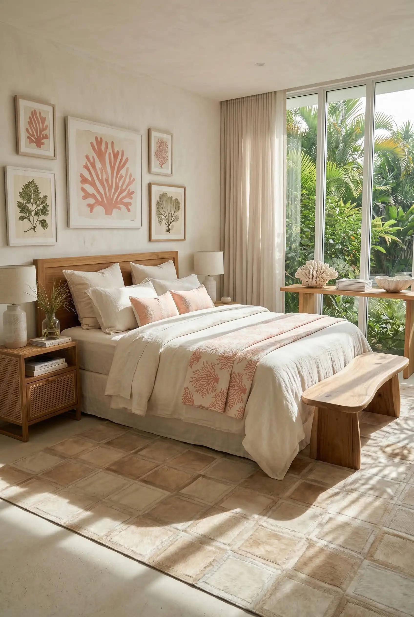 coastal bedroom with coral wall art and beige patchwork cowhide rug