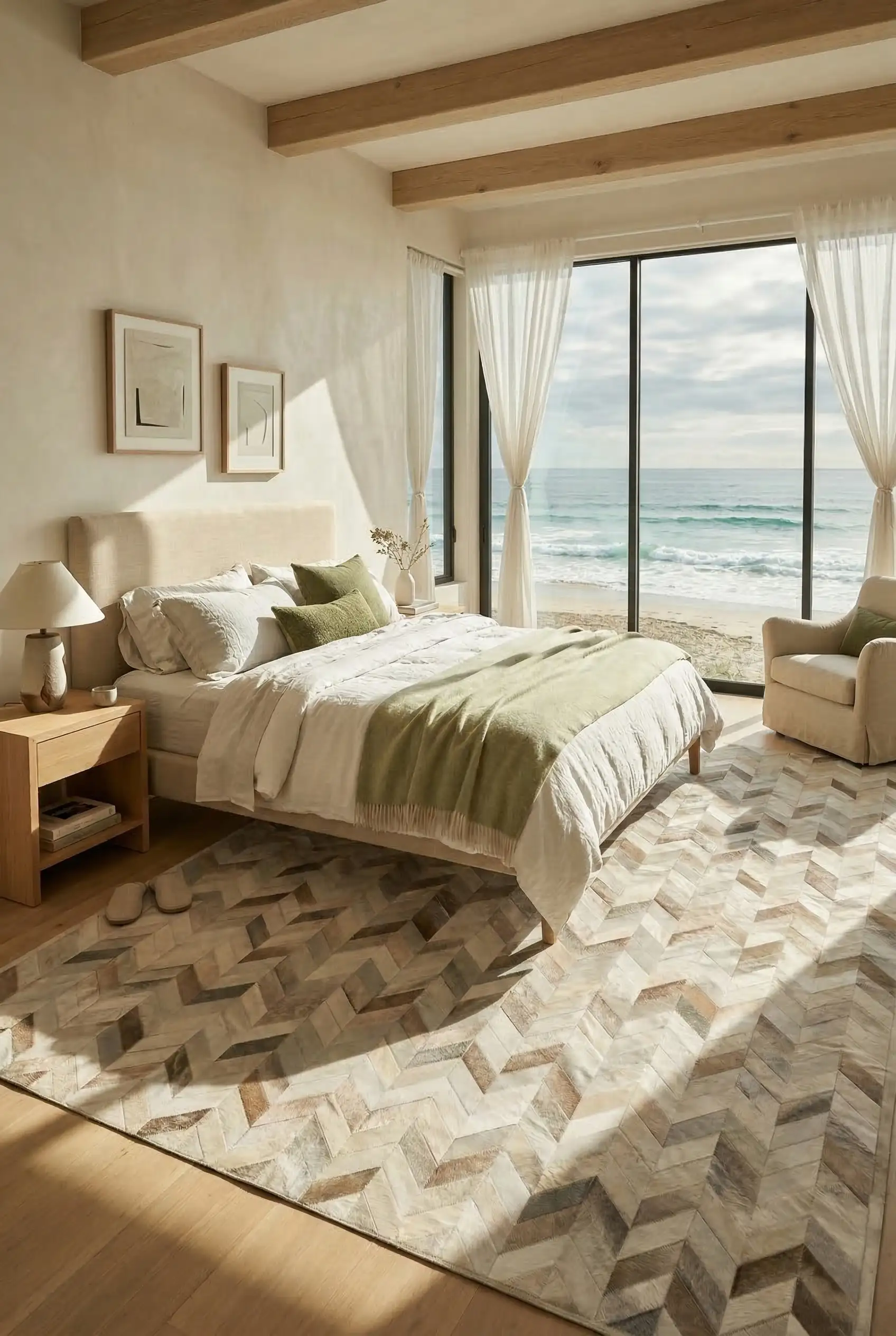 coastal bedroom overlooking the ocean with taupe chevron cowhide rug