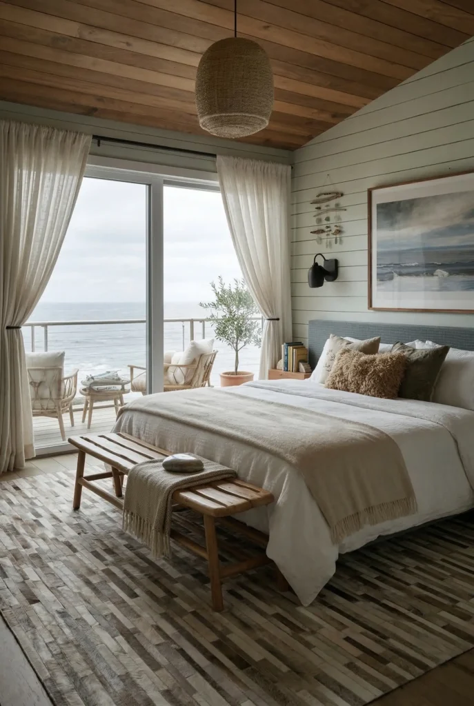 coastal bedroom with ocean view and striped cowhide rug