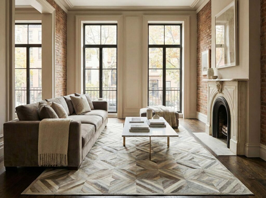 New York brownstone aesthetic living room with natural light, taupe gray velvet sofa, marble coffee table and a custom Taupe and Cream Diamond Patchwork Cowhide Rug 8x10