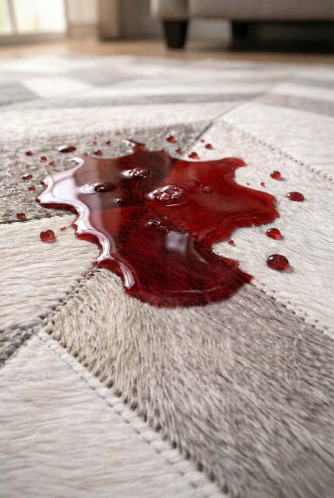 Red wine spill on a patchwork cowhide rug