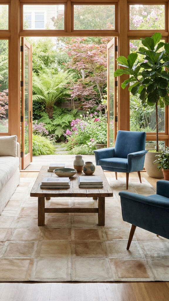 Beige Patchwork Cowhide Rug Mona design in a living room with blue armchairs and table coffee table, lush garden and natural light
