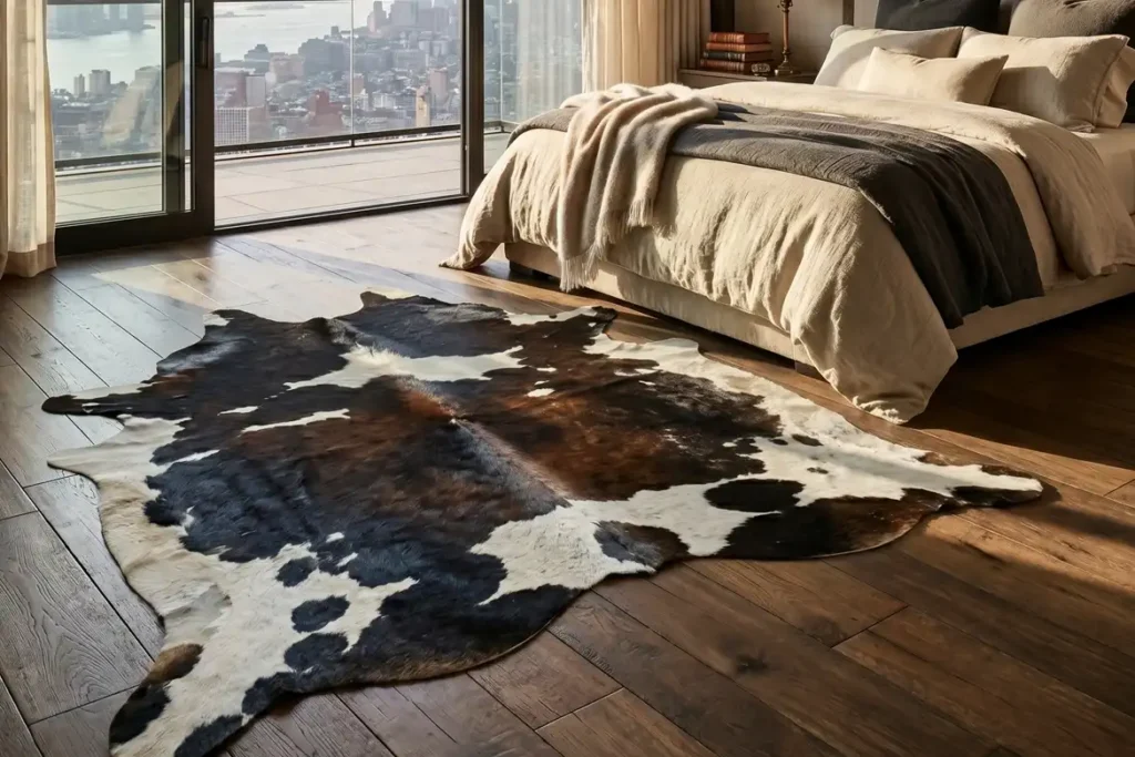 luxurious, warm-toned bedroom, including a king-sized bed with textured organic bedding, the city skyline view through sliding glass doors, and exposed wood beams, all captured in a high-end editorial style.