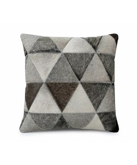 A detailed, frontal photograph of a single square cushion cover made entirely of cowhide patchwork. The front features a precise geometric pattern of hair-on-hide triangles in varying natural shades of light grey, medium grey, and dark taupe, arranged in an alternating, tiled pattern. The individual patches are connected with visible, even grey stitching, and the natural texture of the hair-on-hide is prominent. The cushion is shown against a neutral, plain background.