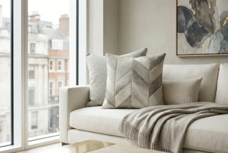 01 Chevron cushion cover cowhide handmade in minimal living room Grey and white chevron cowhide patchwork pillow styled on a modern ivory linen sofa in a bright, elegant living room
