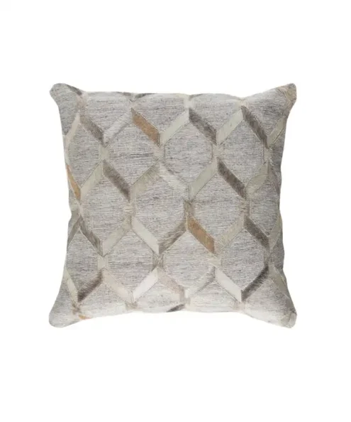 A single, isolated photograph of a square decorative cushion against a plain white background, featuring the intricate geometric hide and fabric pattern in cream, beige, and grey.