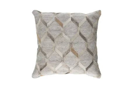 02 Mixed cowhide fabric pillow front view light gray A single, isolated photograph of a square decorative cushion against a plain white background, featuring the intricate geometric hide and fabric pattern in cream, beige, and grey.