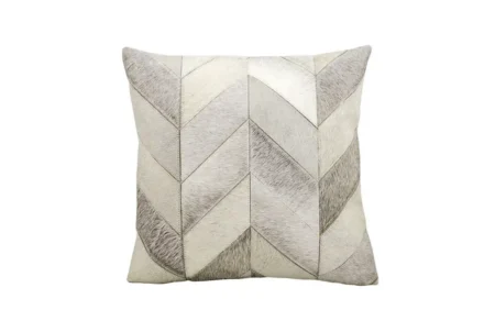 03 Chevron cushion cover cowhide handmade front view Grey and white geometric chevron cowhide patchwork throw pillow.