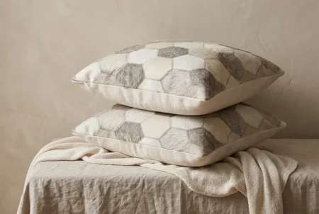 03 Honeycomb Cowhide pillows in gray and cream Pair of hexagon patches cowhide decorative pillows in gray and cream natural hide on soft fabric