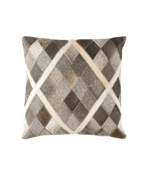 Product photograph of a square throw pillow featuring a natural hair-on-cowhide patchwork design. The cushion displays a sophisticated diagonal diamond pattern in varying shades of charcoal grey, taupe, and deep brown. The sections are defined by clean, cream-colored hide bands, creating a sharp, geometric Argyle-style grid. The natural hair texture is distinct and visible across the patches. The cushion is filled for a plush appearance and photographed against a clean, white background.