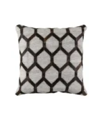 A single, isolated, square throw cushion featuring a precise repeating geometric pattern. The pattern is composed of alternating panels: light gray textured fabric and pieces of dark brown cowhide with a visible hair texture, forming a stylized hexagonal or lattice design. Detailed stitching runs along the border, and the item is presented on a plain white background.
