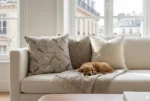 An interior photograph captures a corner of a sophisticated cream sofa. Three decorative pillows are arranged: the leftmost cushion is square and features a textured, geometric pattern of hide and fabric in cream, beige, and grey; the central pillow is a plain, textured neutral taupe; and the rightmost is a plain, textured off-white. A fringed cashmere throw blanket in a matching neutral shade is draped across the sofa seat. Behind the sofa, a large multi-pane window frames a classic view of Parisian Haussmann buildings and roofs under a soft, diffused light. The overall palette is composed of natural, elegant neutrals.