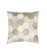 hexagon patches cowhide throw pillow in gray and cream tones full view