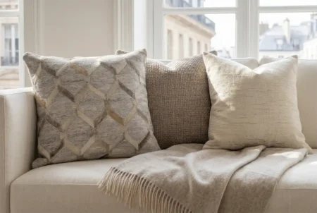 04 Mixed cowhide fabric pillow close up An interior photograph captures a corner of a sophisticated cream sofa. Three decorative pillows are arranged: the leftmost cushion is square and features a textured, geometric pattern of hide and fabric in cream, beige, and grey; the central pillow is a plain, textured neutral taupe; and the rightmost is a plain, textured off-white. A fringed cashmere throw blanket in a matching neutral shade is draped across the sofa seat. Behind the sofa, a large multi-pane window frames a classic view of Parisian Haussmann buildings and roofs under a soft, diffused light. The overall palette is composed of natural, elegant neutrals.