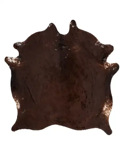 A high-quality, rich brown cowhide rug featuring unique, natural white markings along its edges on a white background