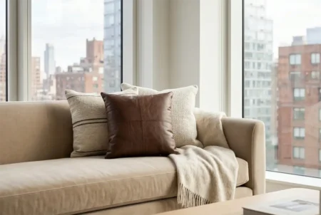 Brown Leather Patchwork Throw Pillow on Beige Velvet Sofa A luxurious brown leather patchwork throw pillow styled on a beige velvet sofa alongside neutral woven cushions, set in a modern high-rise living room.