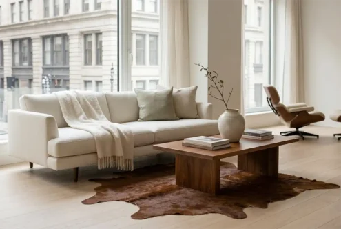 A bright, high-end living room featuring an ivory linen sofa draped with a throw blanket, opened sheer curtains, a sleek wooden coffee table, and a rich brown cowhide rug placed off-center on a light oak floor.