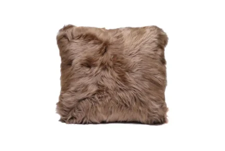 Luxury Mocha Long-Hair Lambskin Throw Pillow Square decorative throw pillow made of fluffy, mocha-colored long lamb hair on a white background.