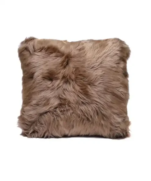 Front view of a square, mocha brown long-wool sheepskin throw pillow.