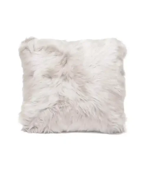 A square, fluffy white long hair lamb throw pillow featuring a soft, plush texture against a clean background.