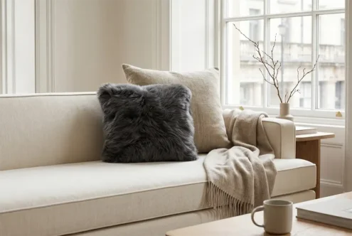 A dark grey, long-haired fluffy throw pillow styled on a modern cream linen sofa in a bright, elegant living room.