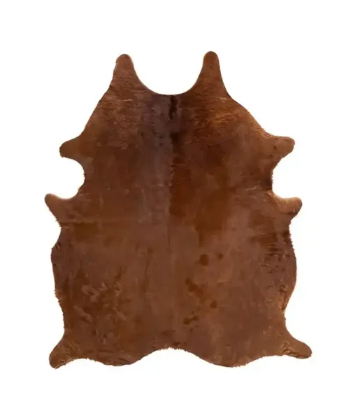 a natural, solid brown cowhide rug with a smooth hair texture, laid flat against a pure white background.