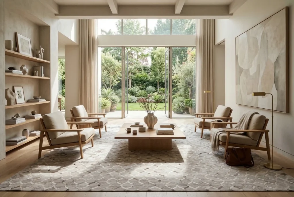 cowhide area rug mixed with fabric in light beige and gray tones, in a sunny calm living room. wooden coffee table, armchairs and a sunny garden outside