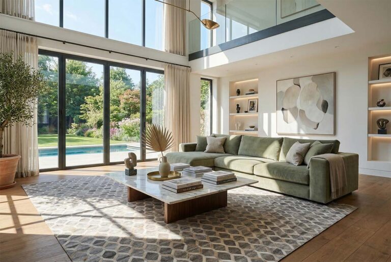 Gray and beige trellis cowhide fabric rug beneath a sage green sofa in a bright modern living room with marble coffee table and garden view